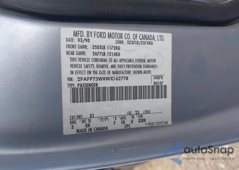 1998 Ford Crown Victoria from USA, damaged, VIN 2FAFP73W8WX162778